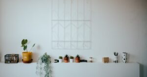 uma parede branca com algumas plantas em cima dela