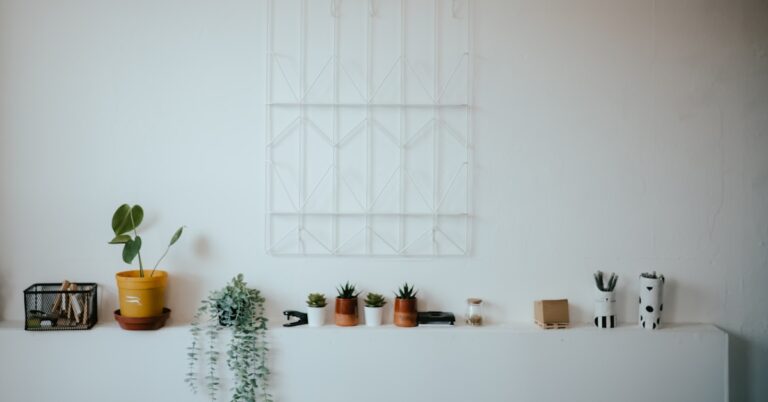 uma parede branca com algumas plantas em cima dela