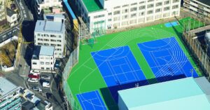 Estádio verde e azul na fotografia aérea